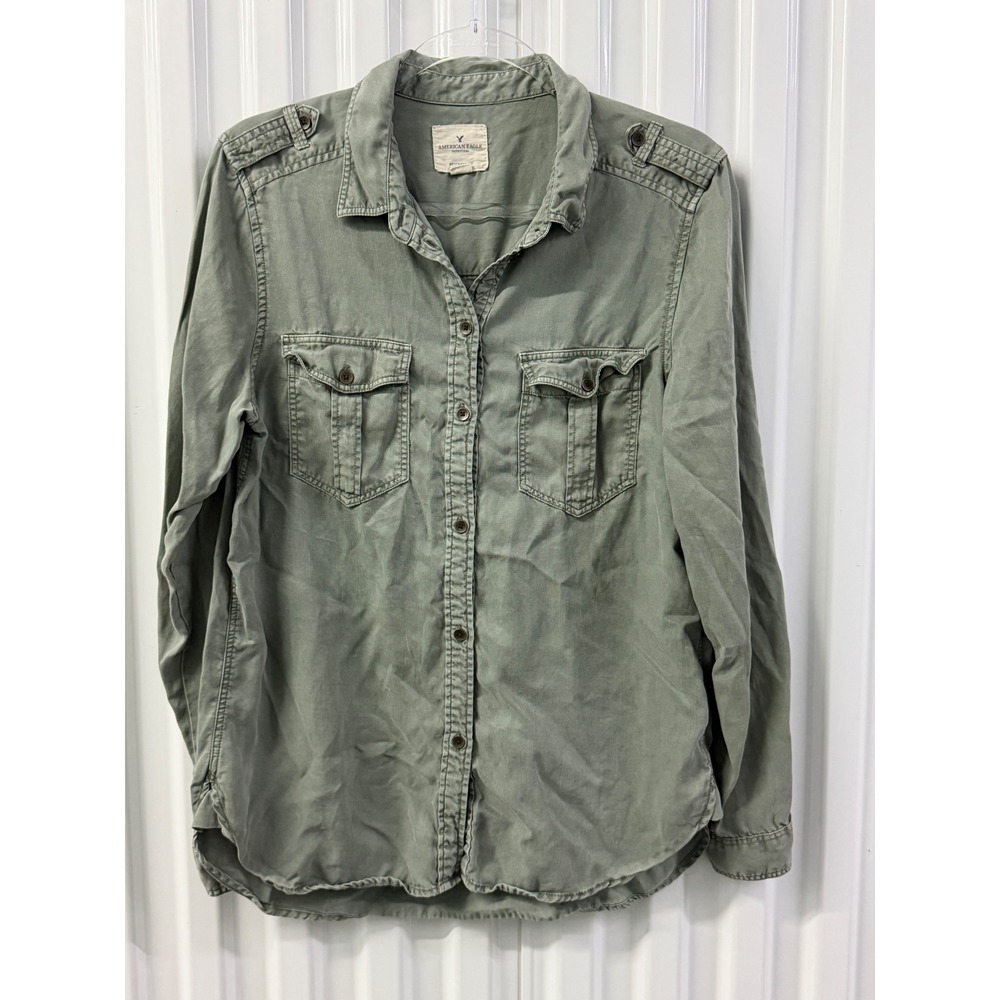 American Eagle Button Down Shirt Womens M Green Good Utility Lyocell Vintage